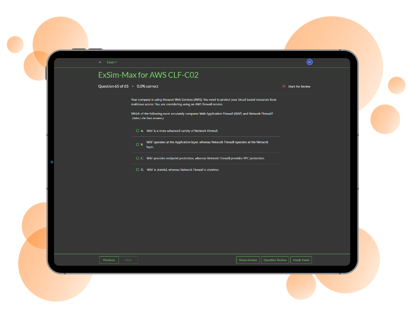 Boson ExSim-Max for AWS CLF-C02 Screenshot in dark mode