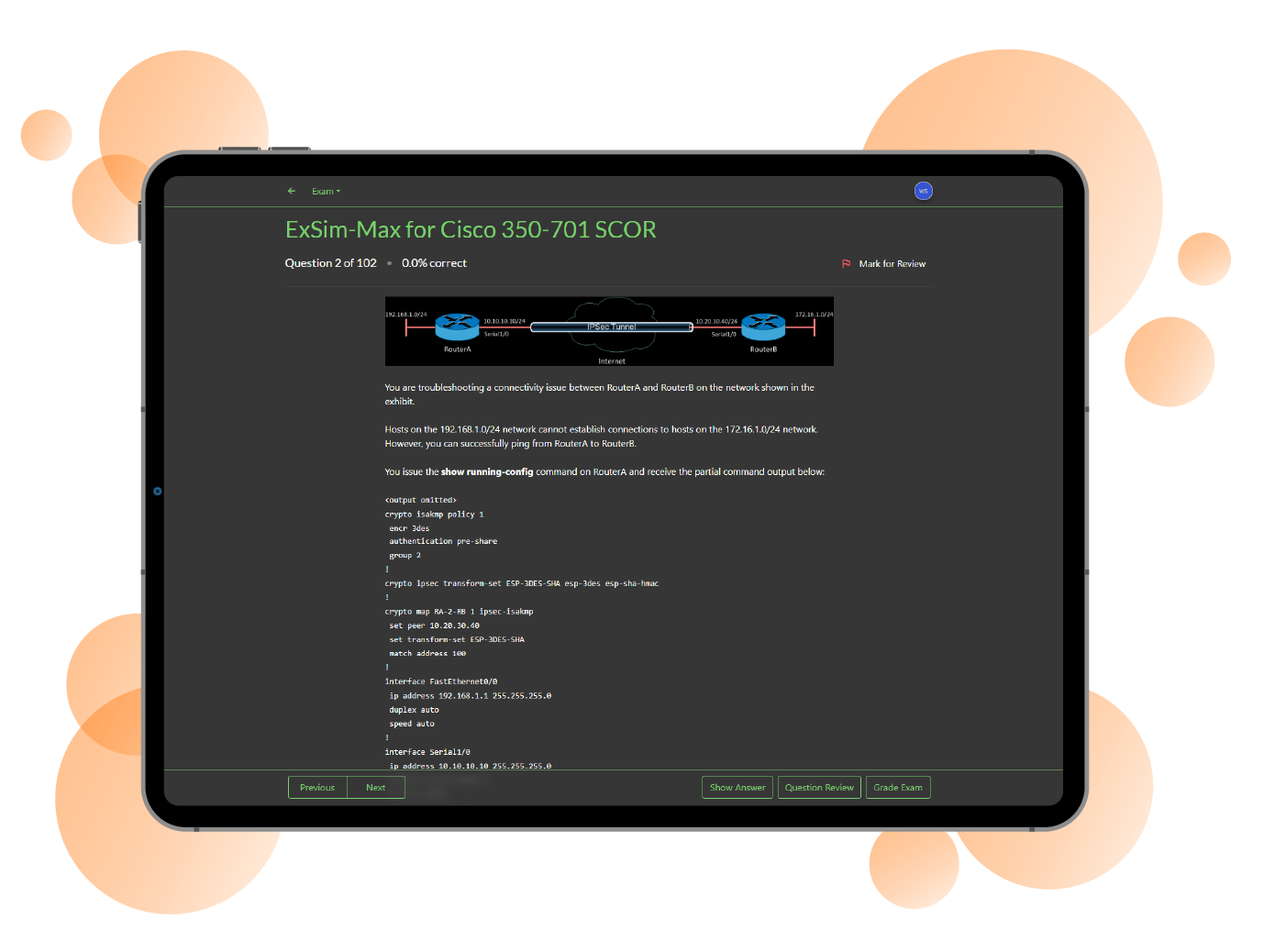 Boson ExSim-Max for Cisco 350-701 SCOR Screenshot in dark mode